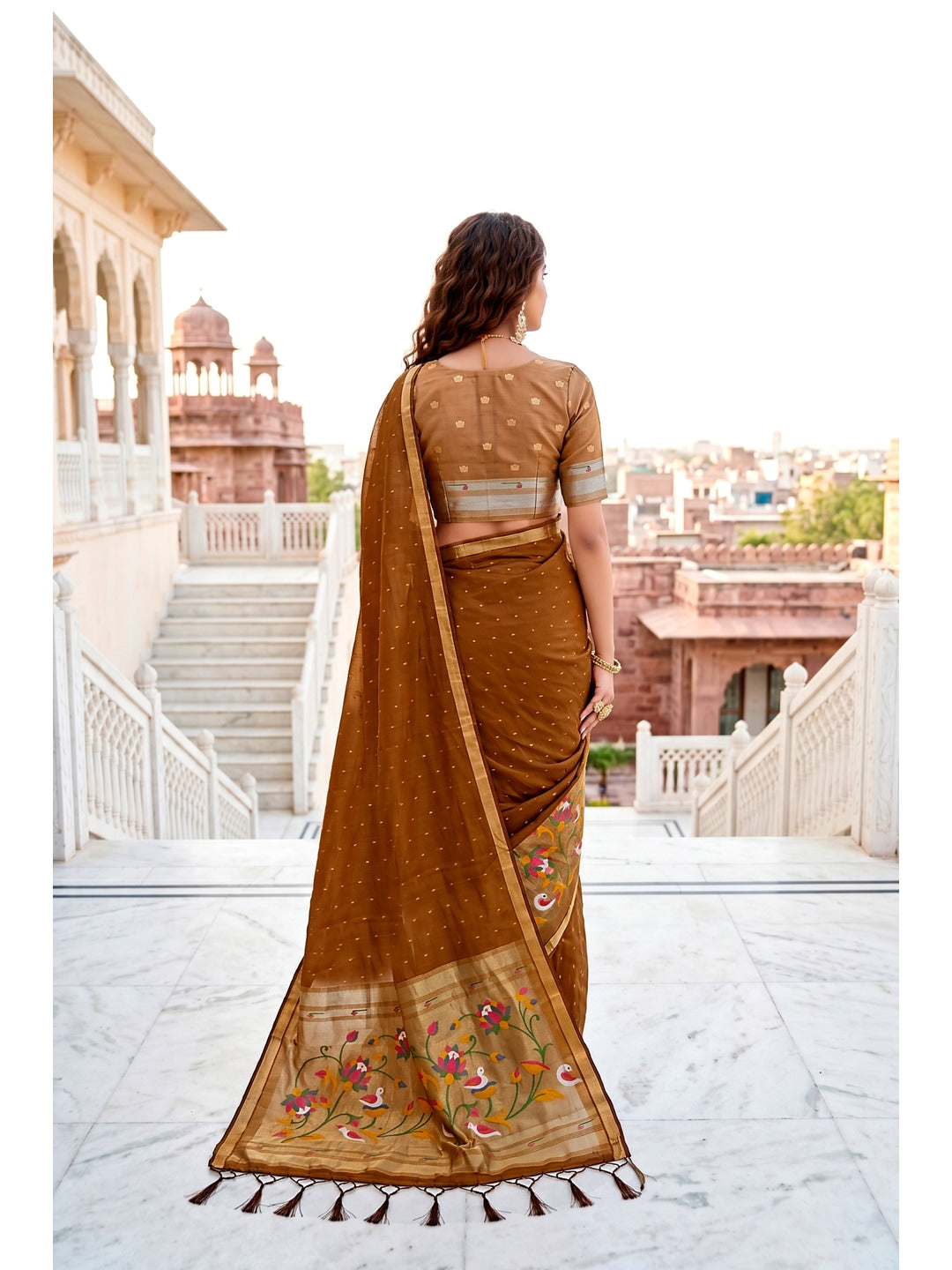 Peachmode Brown Cotton Blend Prachi Cotton Saree - Image 4