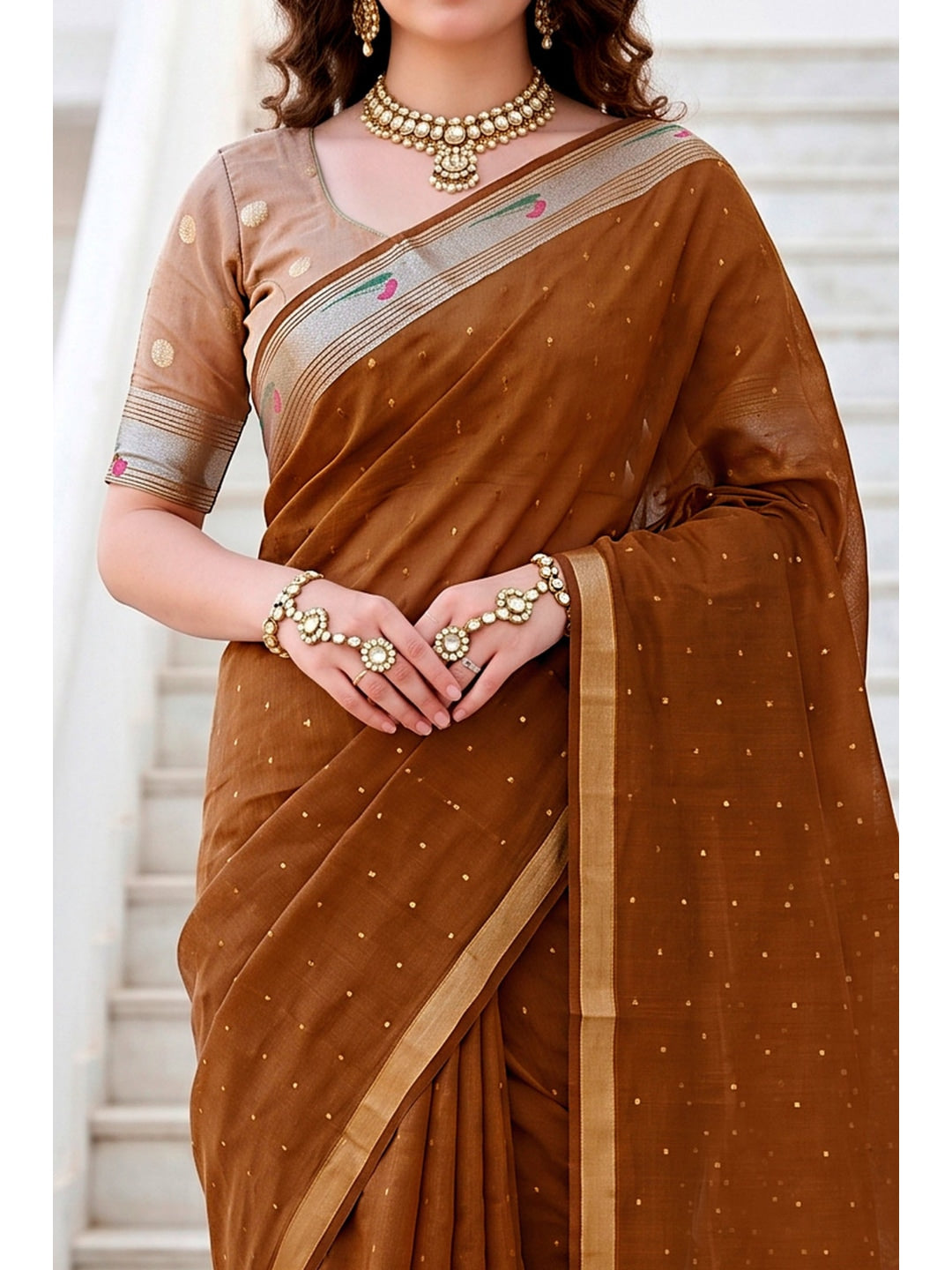 Peachmode Brown Cotton Blend Prachi Cotton Saree - Image 5