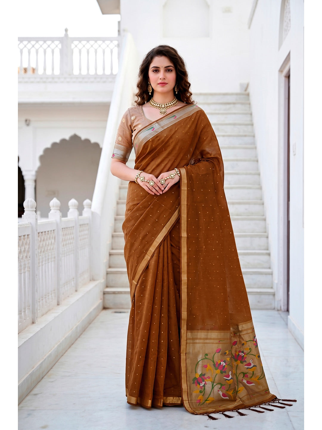 Peachmode Brown Cotton Blend Prachi Cotton Saree - Image 1