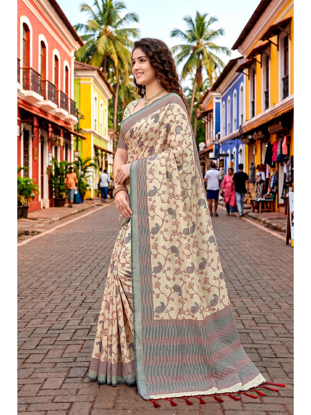 Peachmode Cream Cotton Blend Ruchi Cotton Saree - Image 2