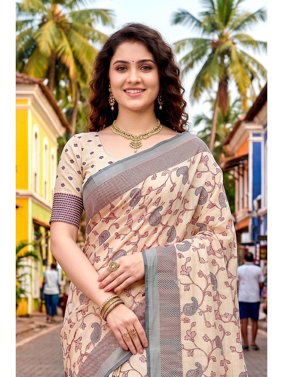 Peachmode Cream Cotton Blend Ruchi Cotton Saree - Image 3