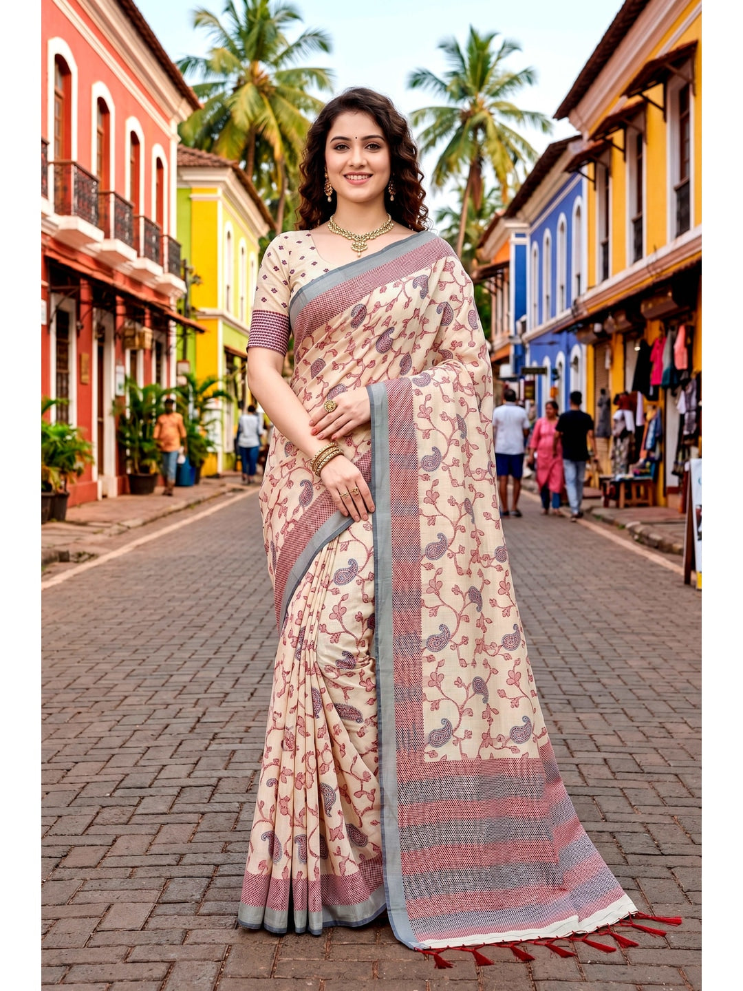 Peachmode Cream Cotton Blend Ruchi Cotton Saree - Image 1