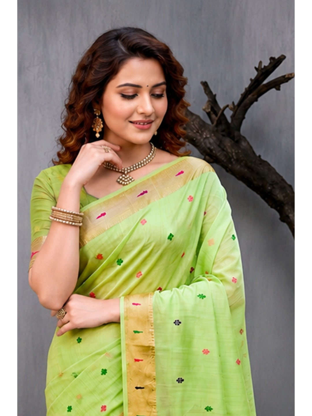 Peachmode Green Cotton Blend Rudrani Saree - Image 3