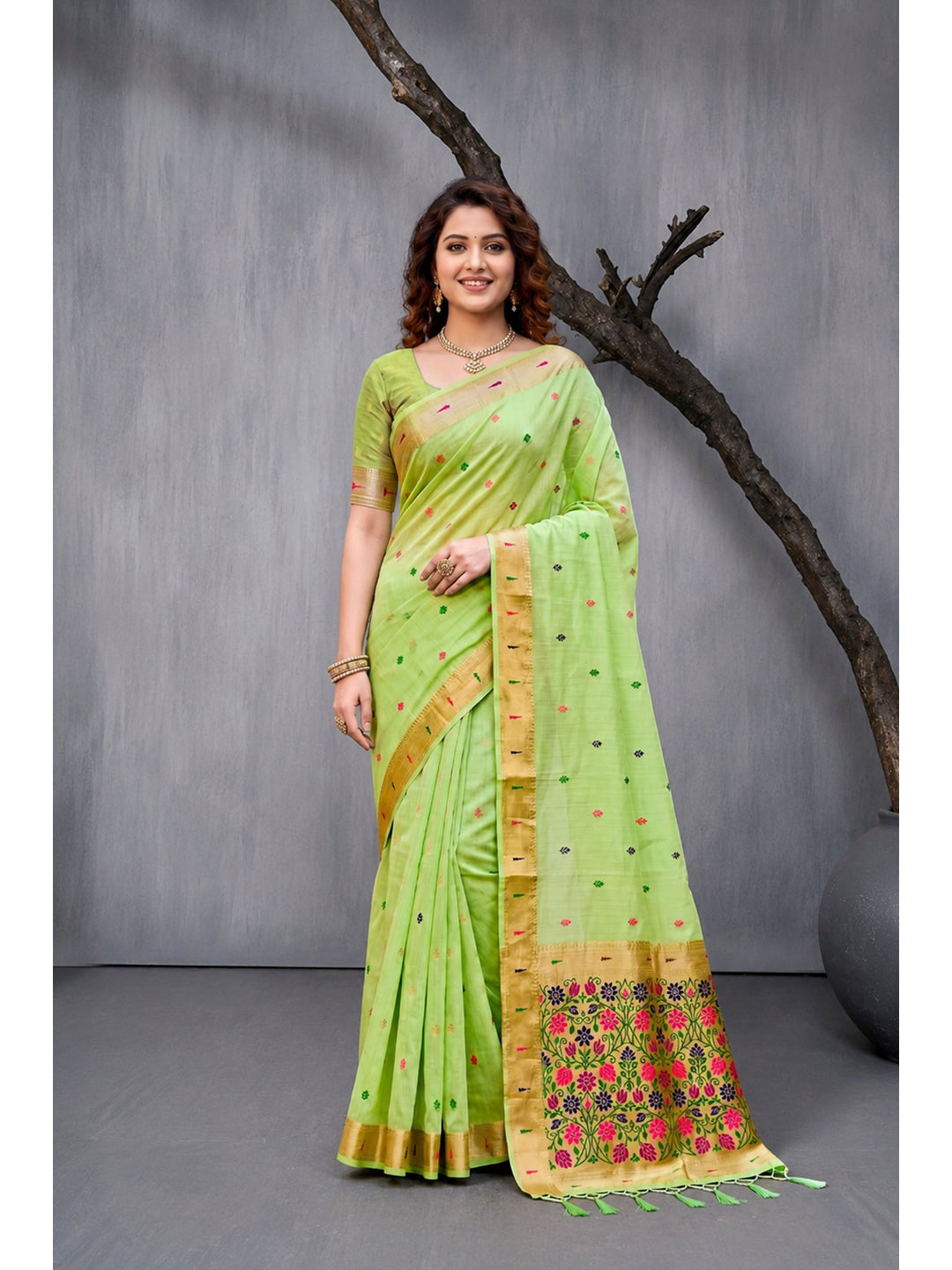 Peachmode Green Cotton Blend Rudrani Saree - Image 1