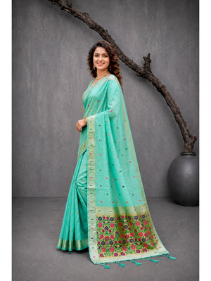 Peachmode Aqua Blue Cotton Blend Rudrani Saree - Image 2