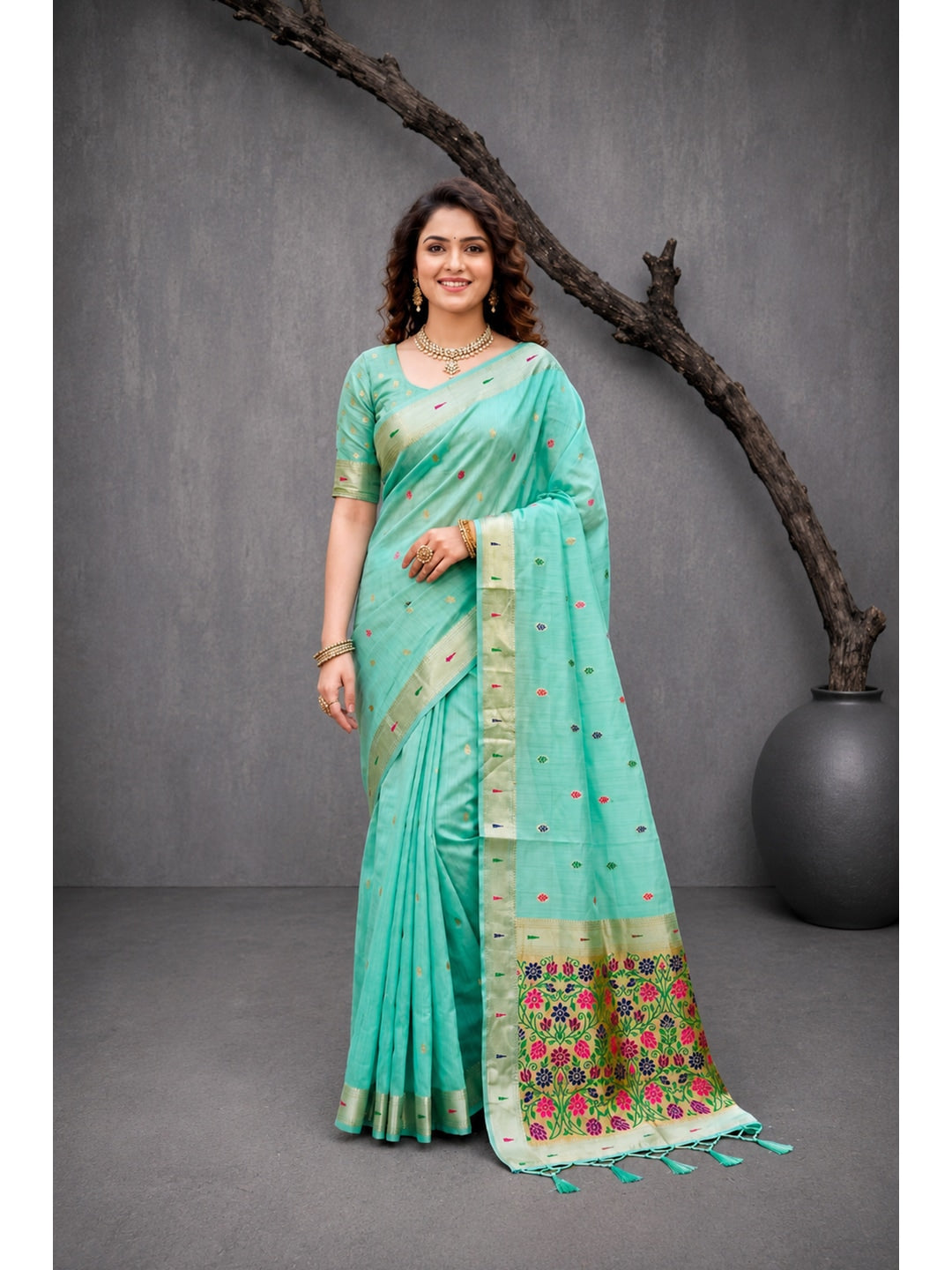 Peachmode Aqua Blue Cotton Blend Rudrani Saree - Image 1