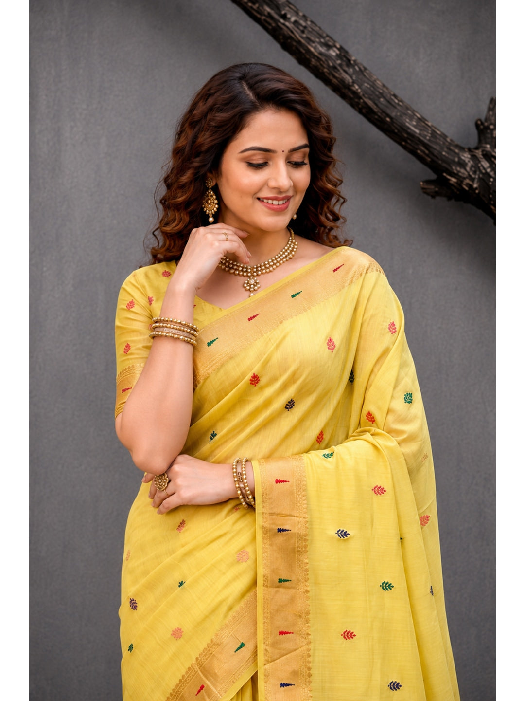Peachmode Yellow Cotton Blend Rudrani Saree - Image 3