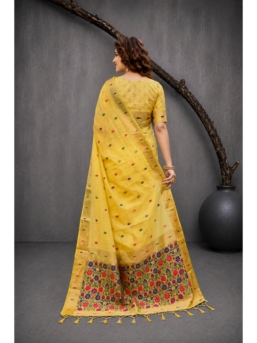 Peachmode Yellow Cotton Blend Rudrani Saree - Image 4
