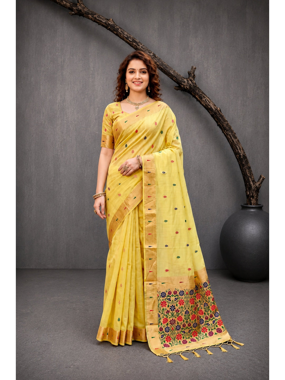 Peachmode Yellow Cotton Blend Rudrani Saree - Image 1