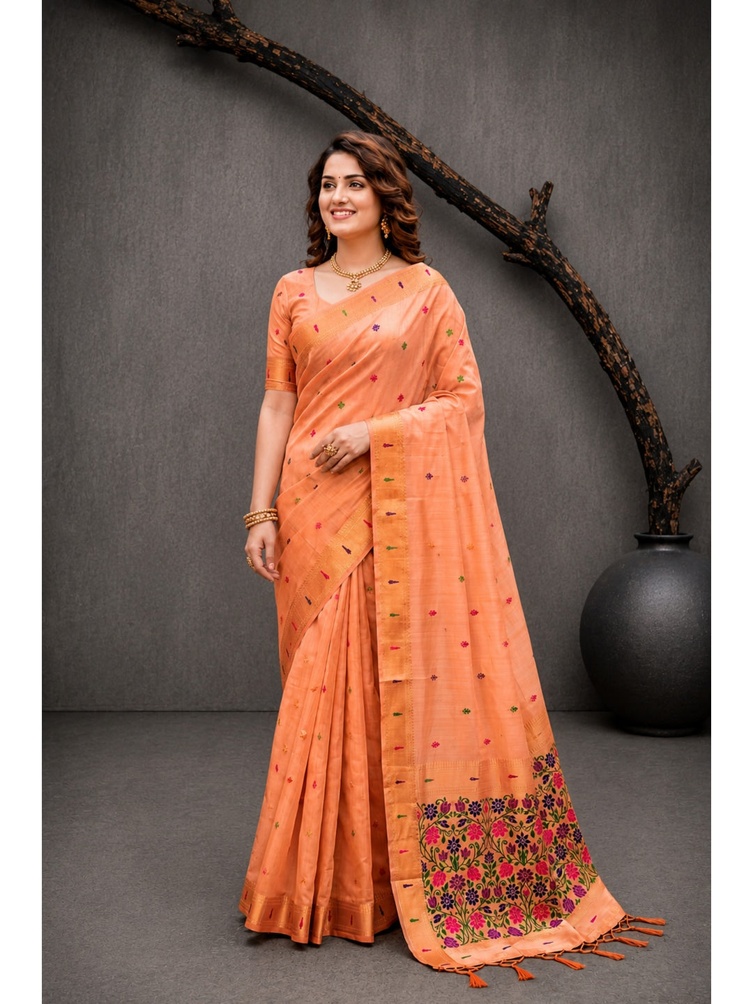 Peachmode Peach Cotton Blend Rudrani Saree - Image 1