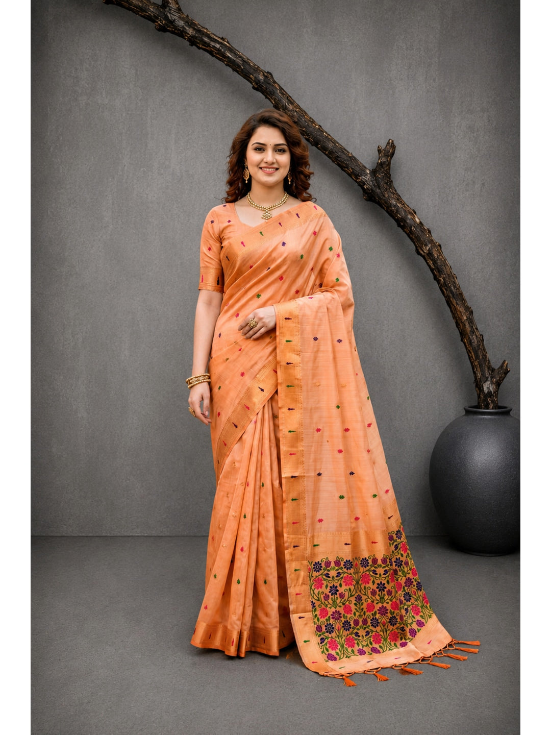 Peachmode Peach Cotton Blend Rudrani Saree - Image 4