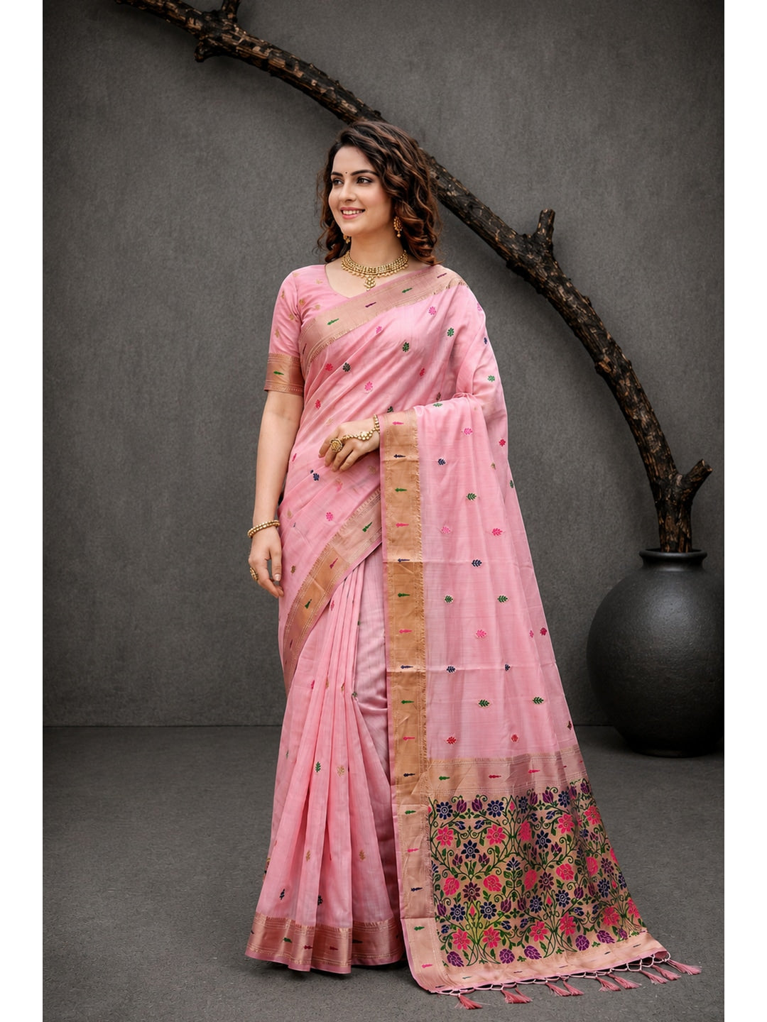 Peachmode Pink Cotton Blend Rudrani Saree - Image 1
