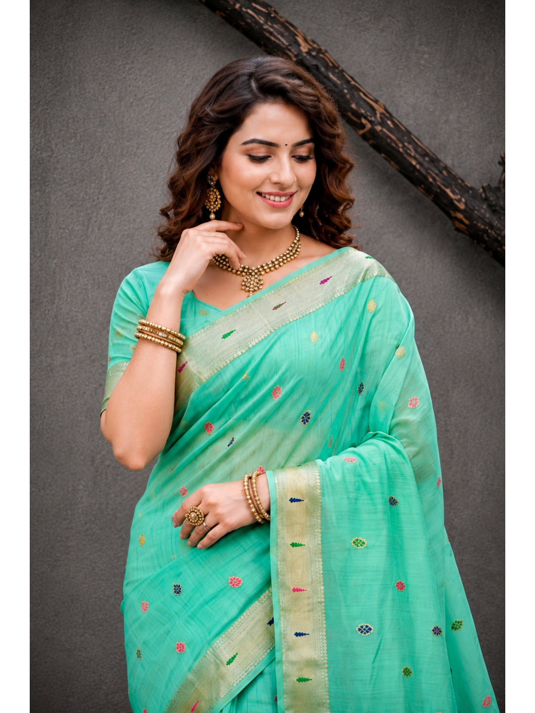 Peachmode Aqua Green Cotton Blend Rudrani Saree - Image 3