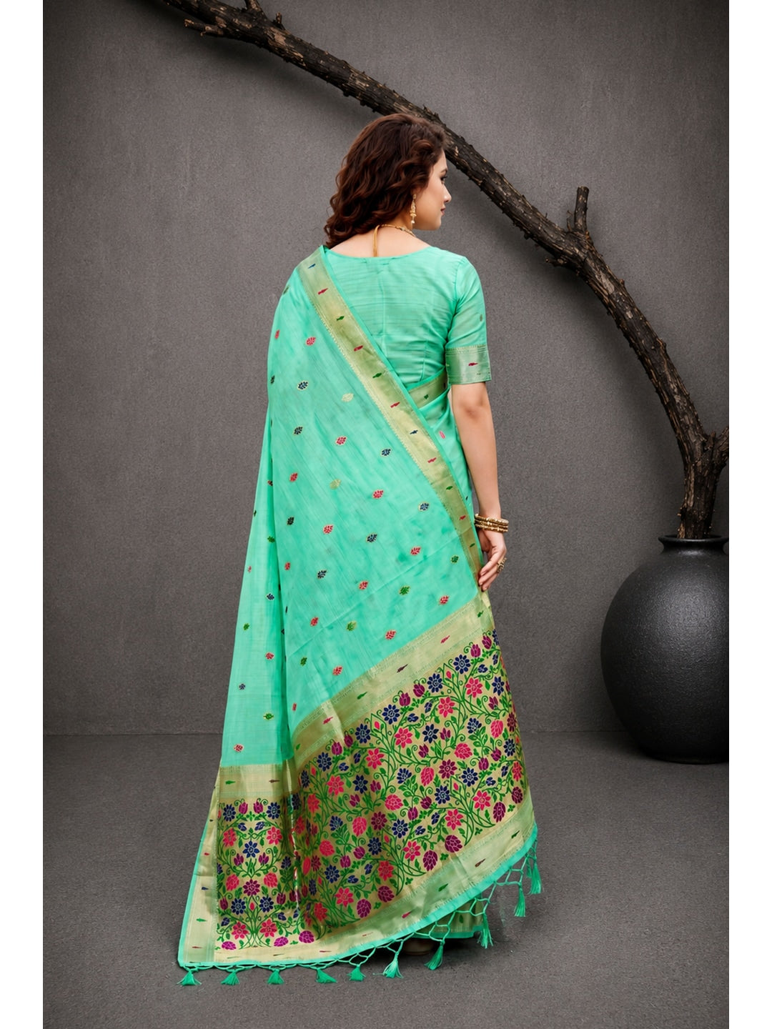Peachmode Aqua Green Cotton Blend Rudrani Saree - Image 4