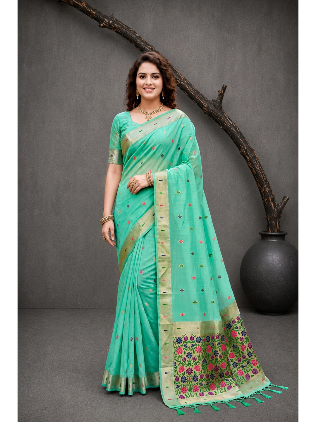 Peachmode Aqua Green Cotton Blend Rudrani Saree - Image 1
