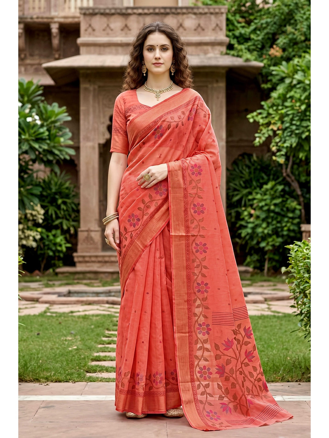 Peachmode Peach Georgette Saree - Image 1