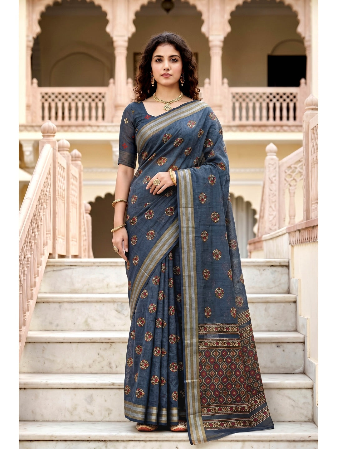 Peachmode Grey Georgette Saree - Image 1
