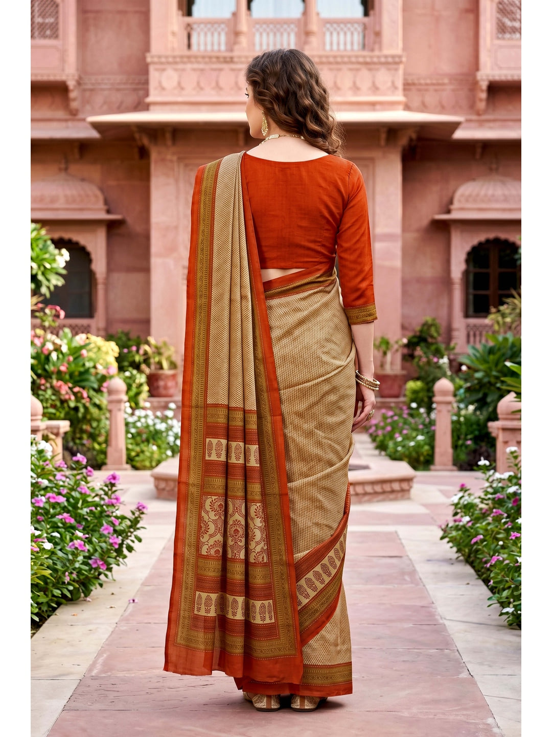 Peachmode Beige Georgette Saree - Image 2