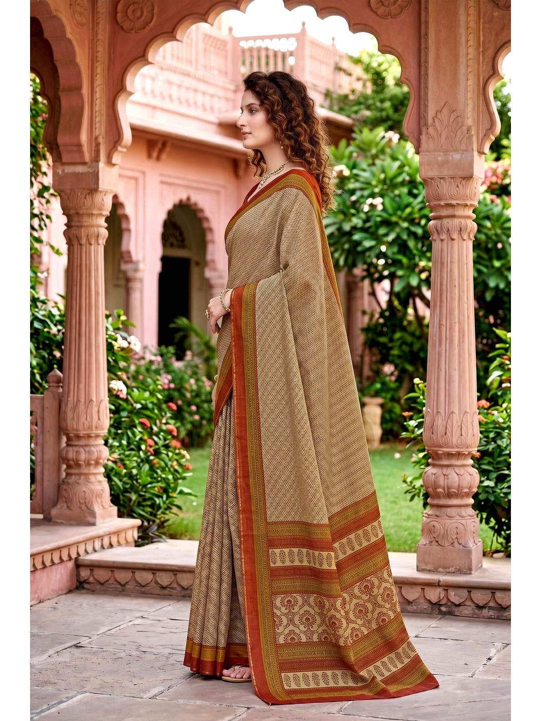 Peachmode Beige Georgette Saree - Image 3
