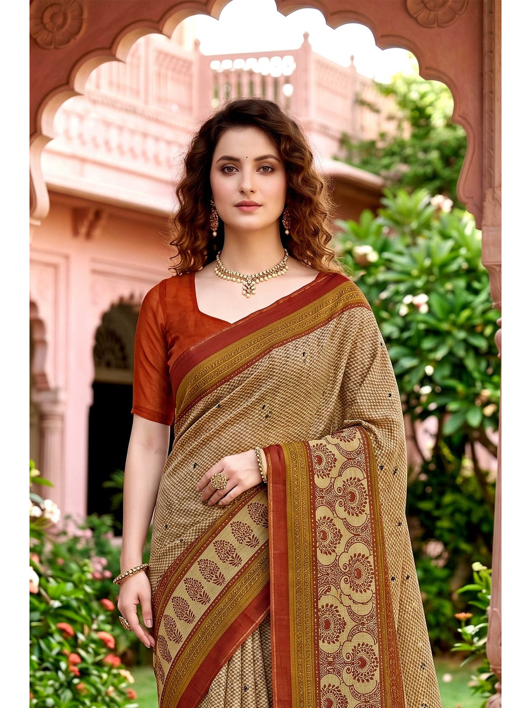 Peachmode Beige Georgette Saree - Image 4