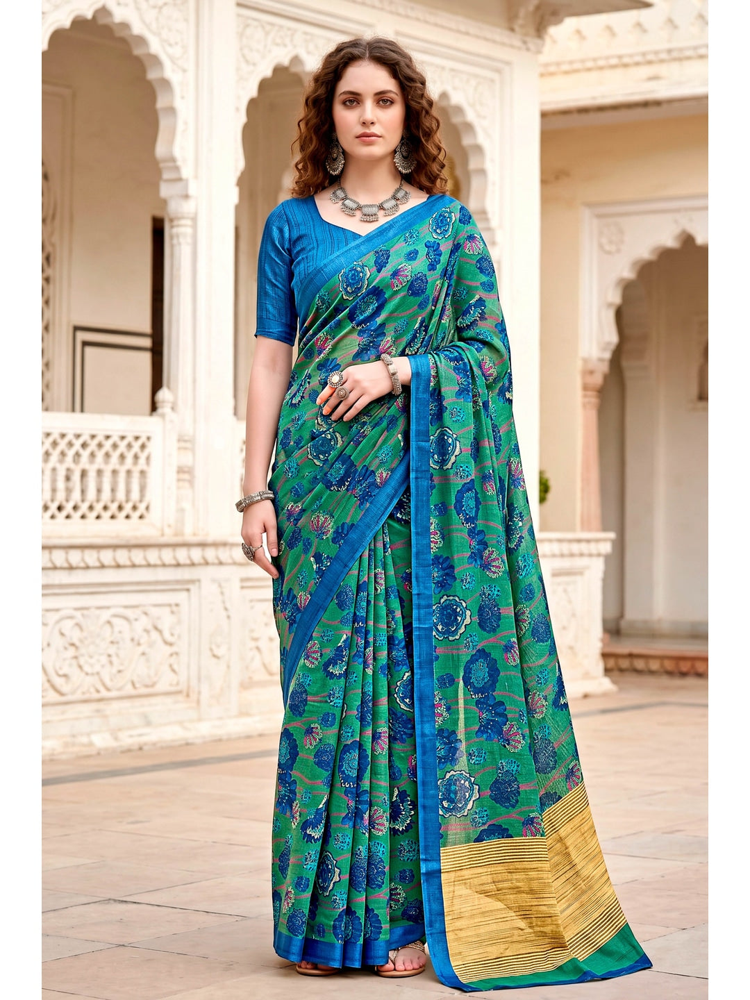 Peachmode Green Cotton Blend Sanskriti Saree - Image 1
