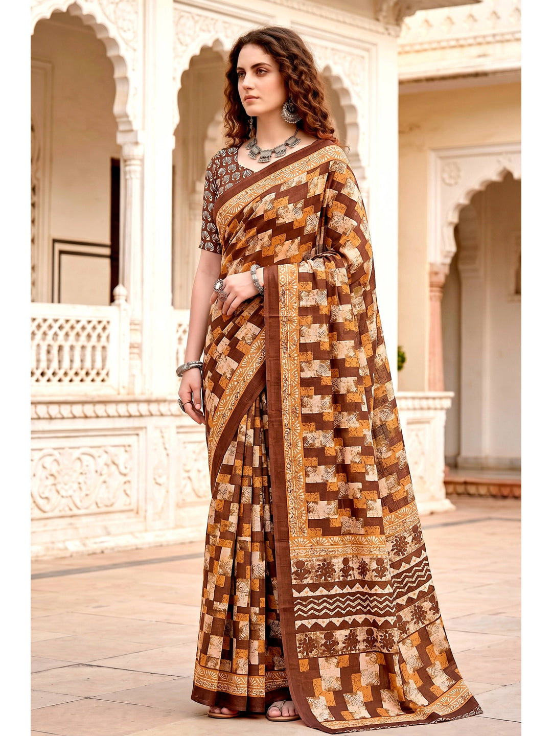 Peachmode Coffee Brown Cotton Blend Sanskriti Saree - Image 3
