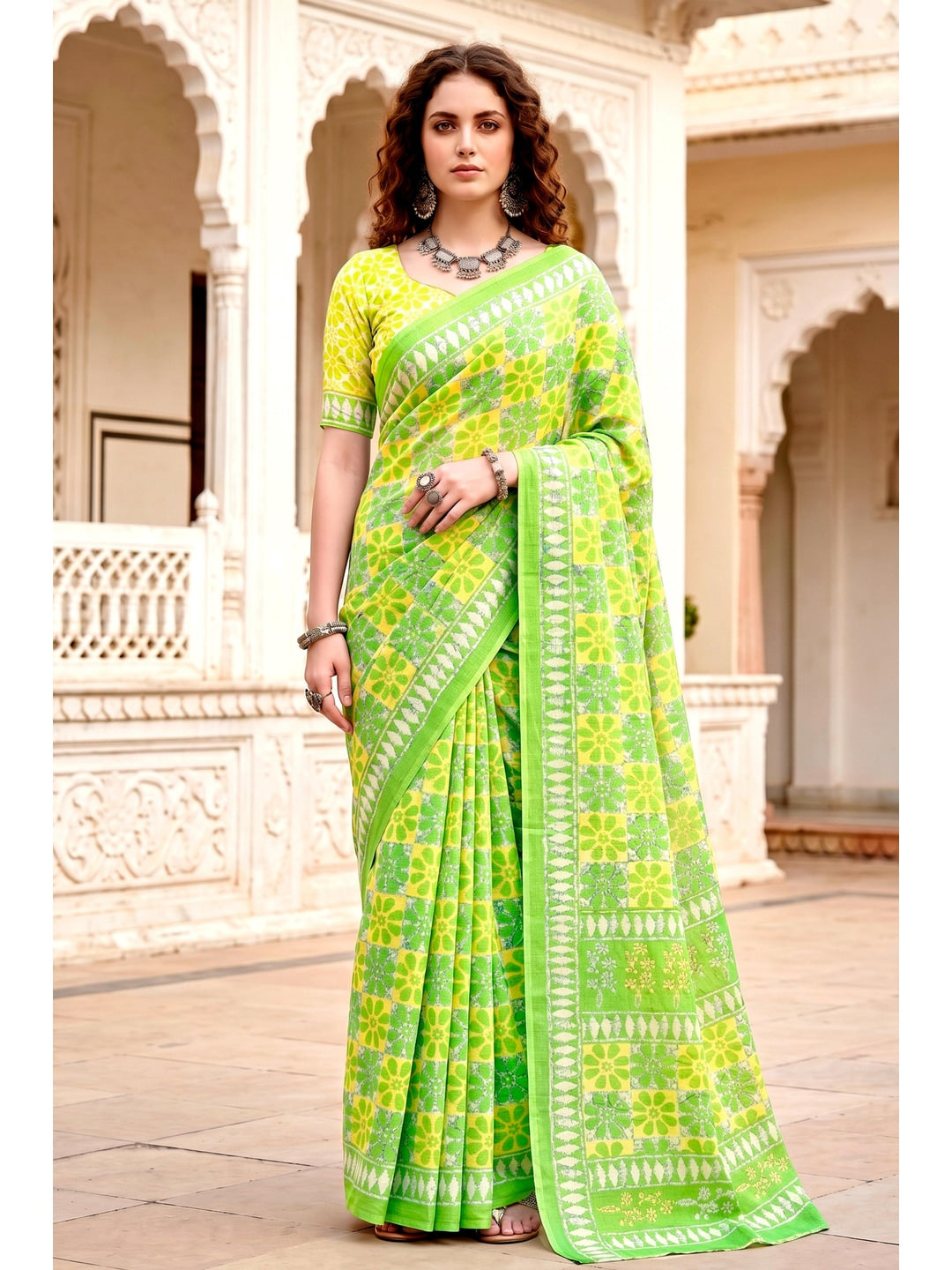 Peachmode Green Cotton Blend Sanskriti Saree - Image 1