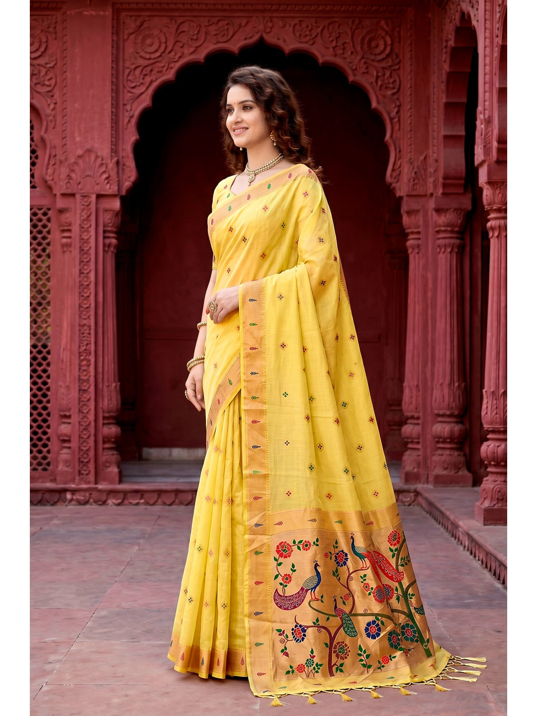 Peachmode Yellow Cotton Blend Tanya Cotton Saree - Image 2