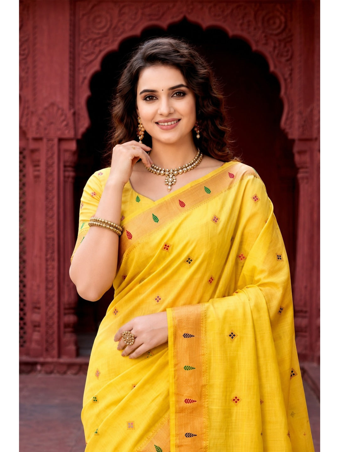 Peachmode Yellow Cotton Blend Tanya Cotton Saree - Image 3