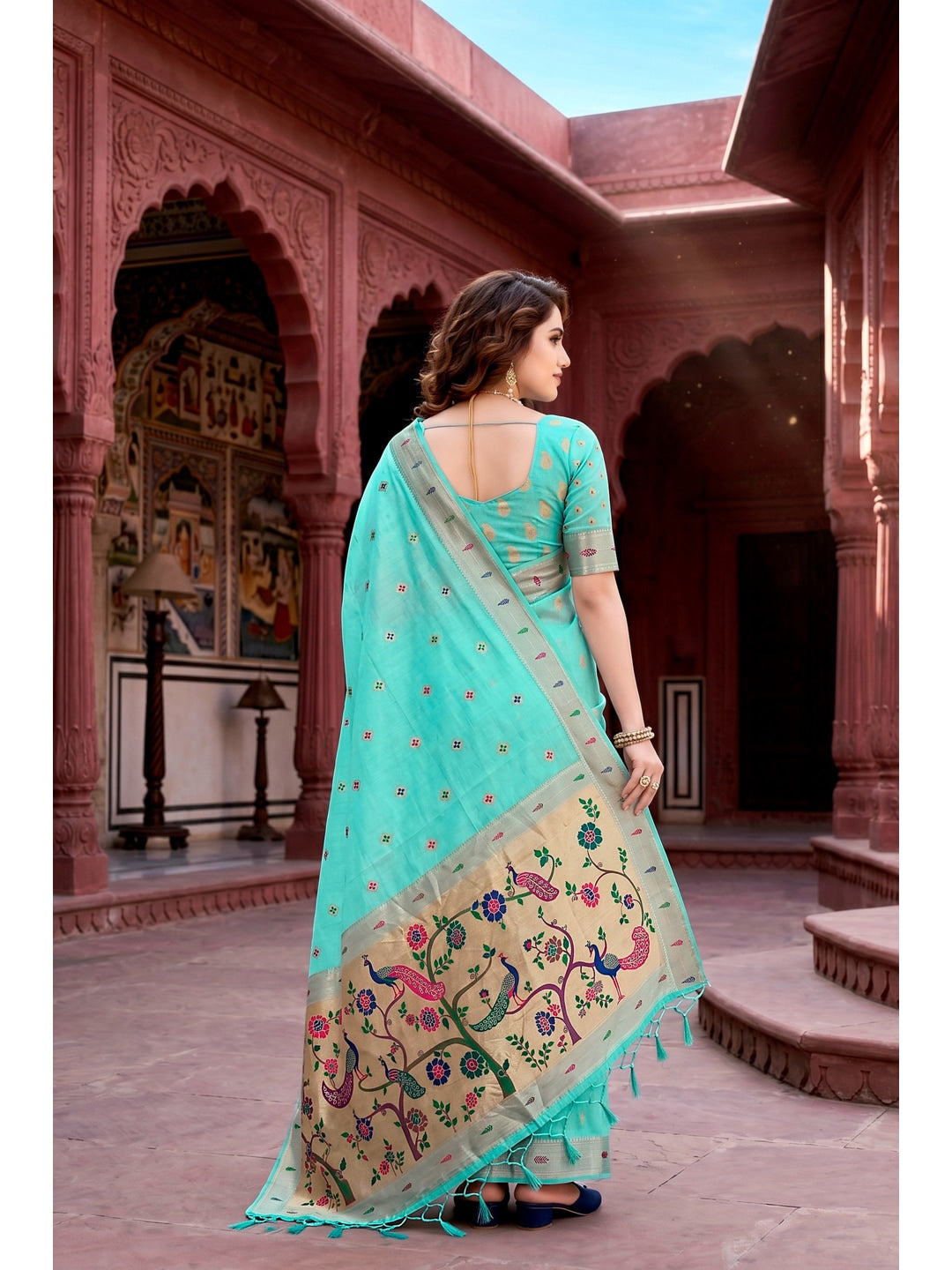 Peachmode Green Cotton Blend Tanya Cotton Saree - Image 4
