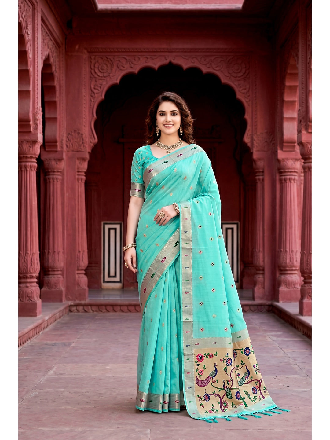 Peachmode Green Cotton Blend Tanya Cotton Saree - Image 1