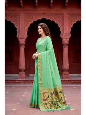 Peachmode Green Cotton Blend Tanya Cotton Saree - Image 2