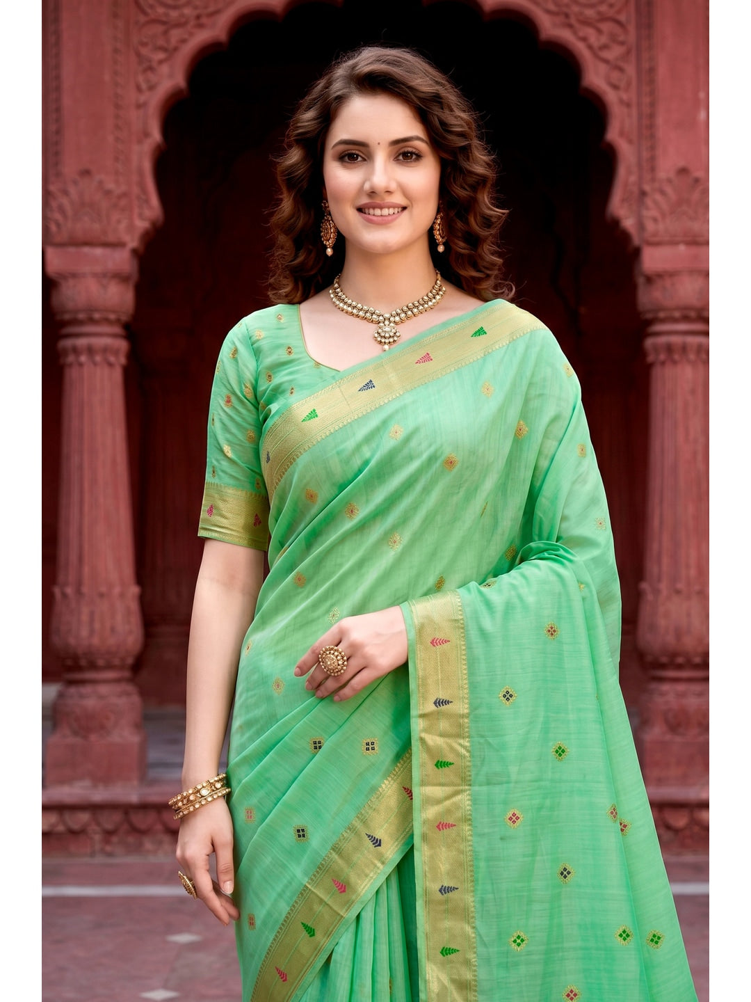 Peachmode Green Cotton Blend Tanya Cotton Saree - Image 3