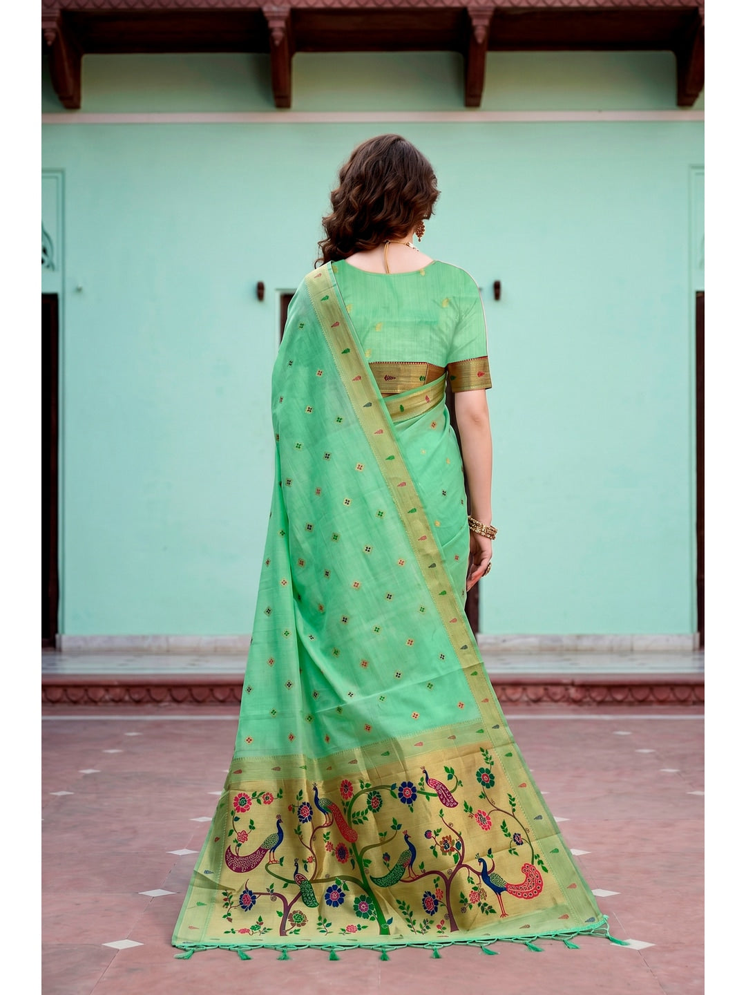 Peachmode Green Cotton Blend Tanya Cotton Saree - Image 4