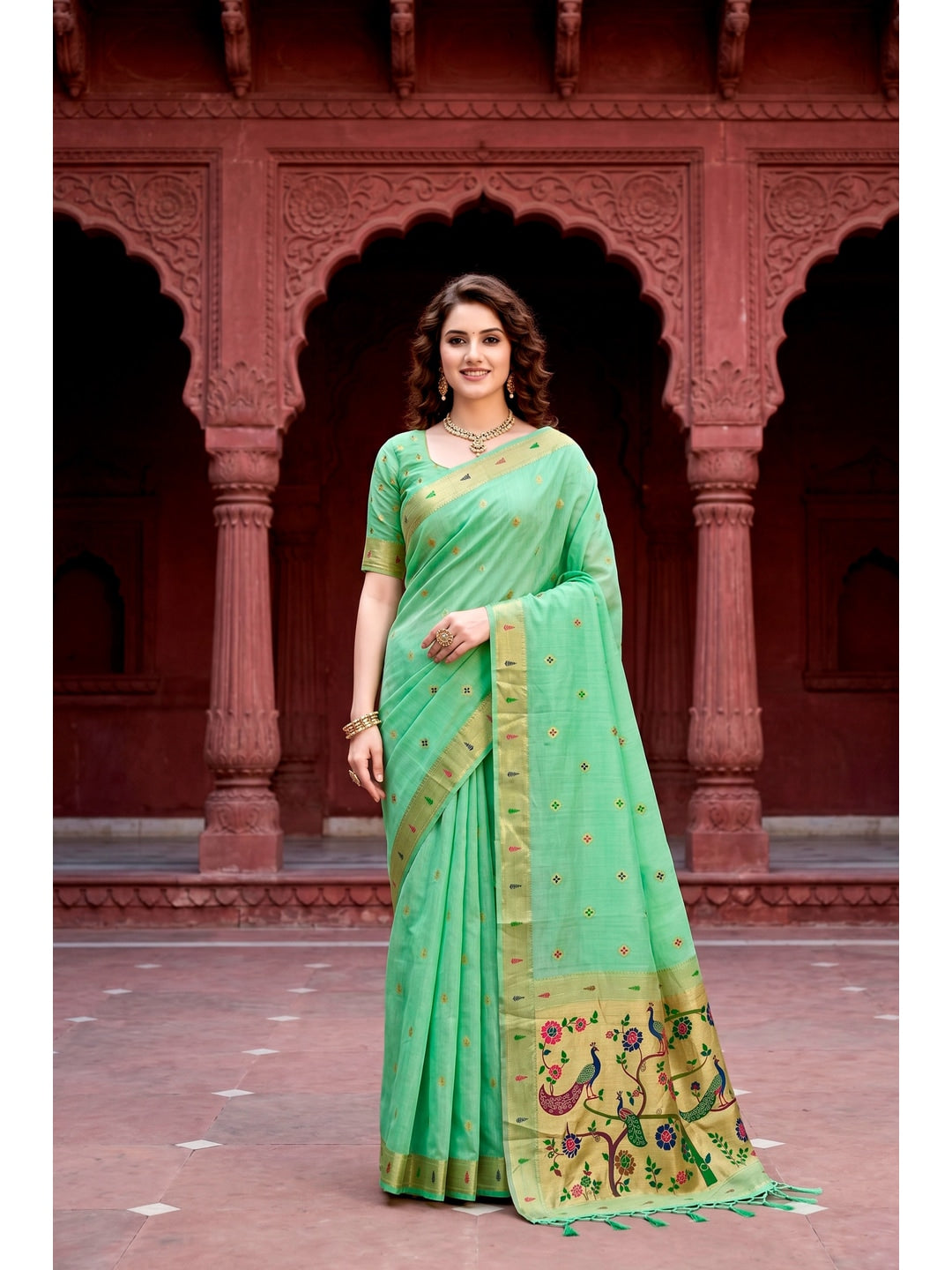 Peachmode Green Cotton Blend Tanya Cotton Saree - Image 1