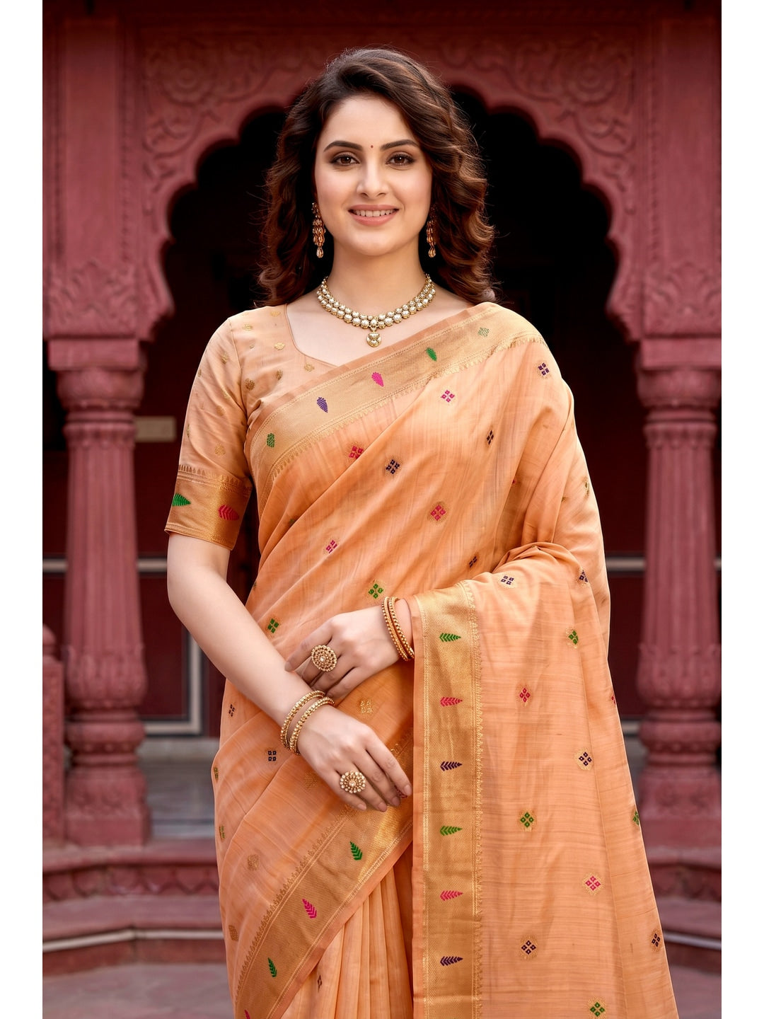 Peachmode Peach Cotton Blend Tanya Cotton Saree - Image 2