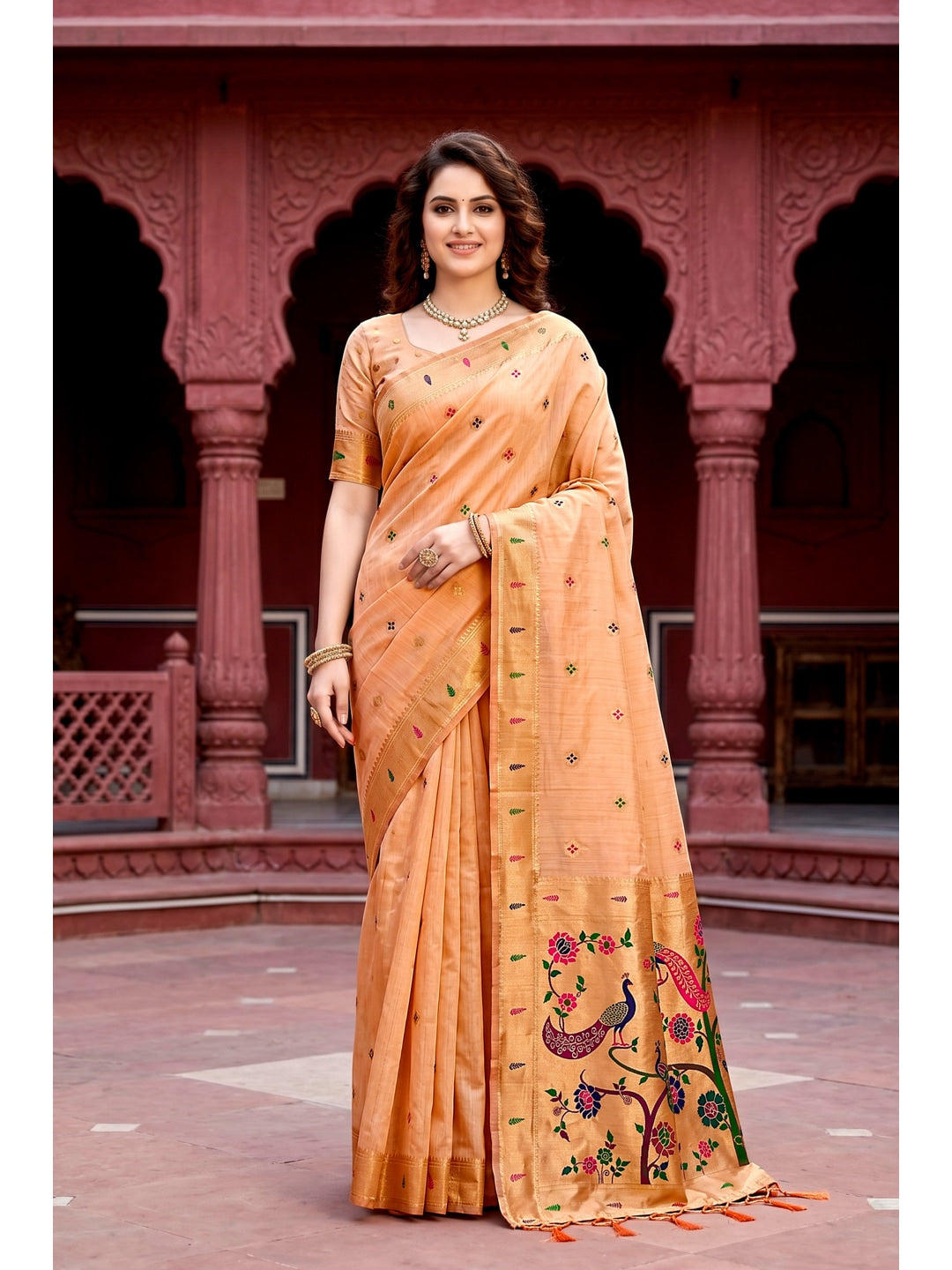 Peachmode Peach Cotton Blend Tanya Cotton Saree - Image 1