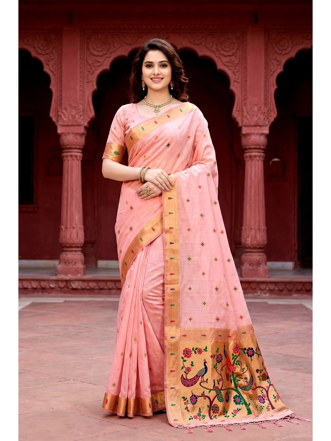 Peachmode Pink Cotton Blend Tanya Cotton Saree - Image 1