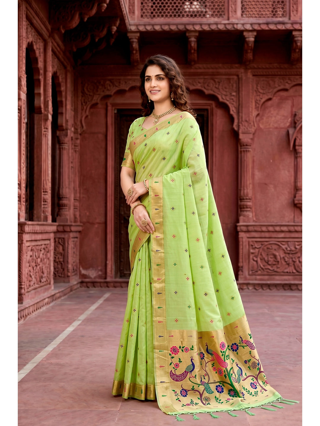 Peachmode Green Cotton Blend Tanya Cotton Saree - Image 2