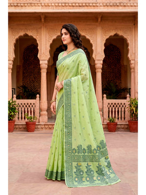 Peachmode Green Cotton Blend Urvi Cotton Saree - Image 2