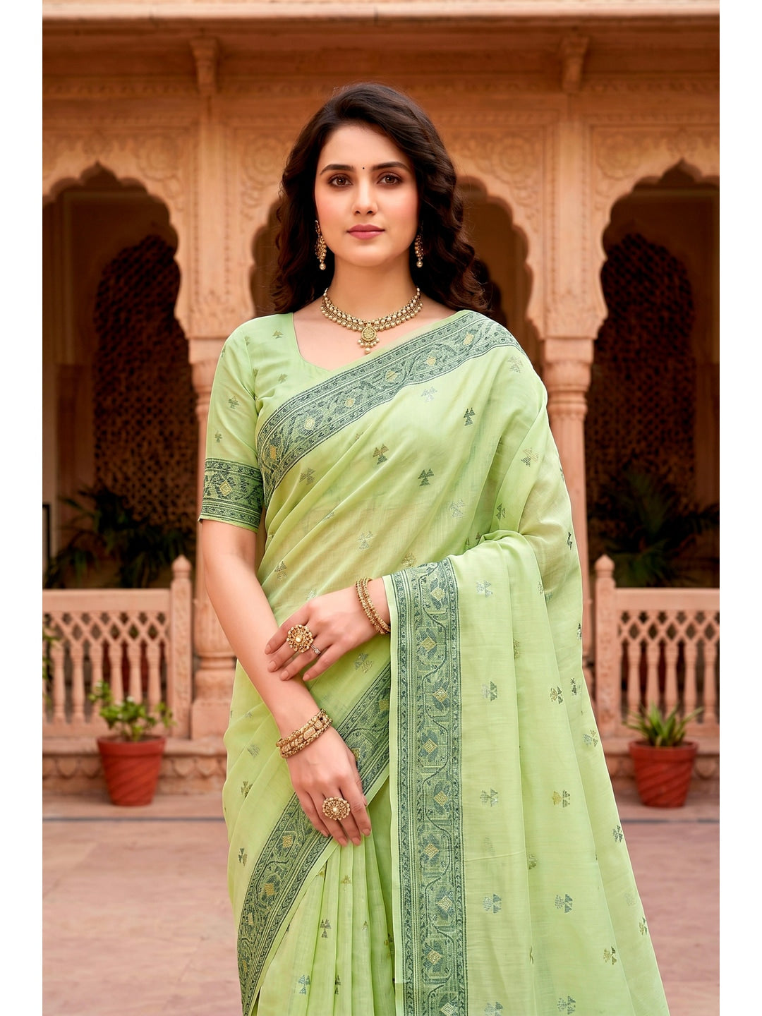 Peachmode Green Cotton Blend Urvi Cotton Saree - Image 3