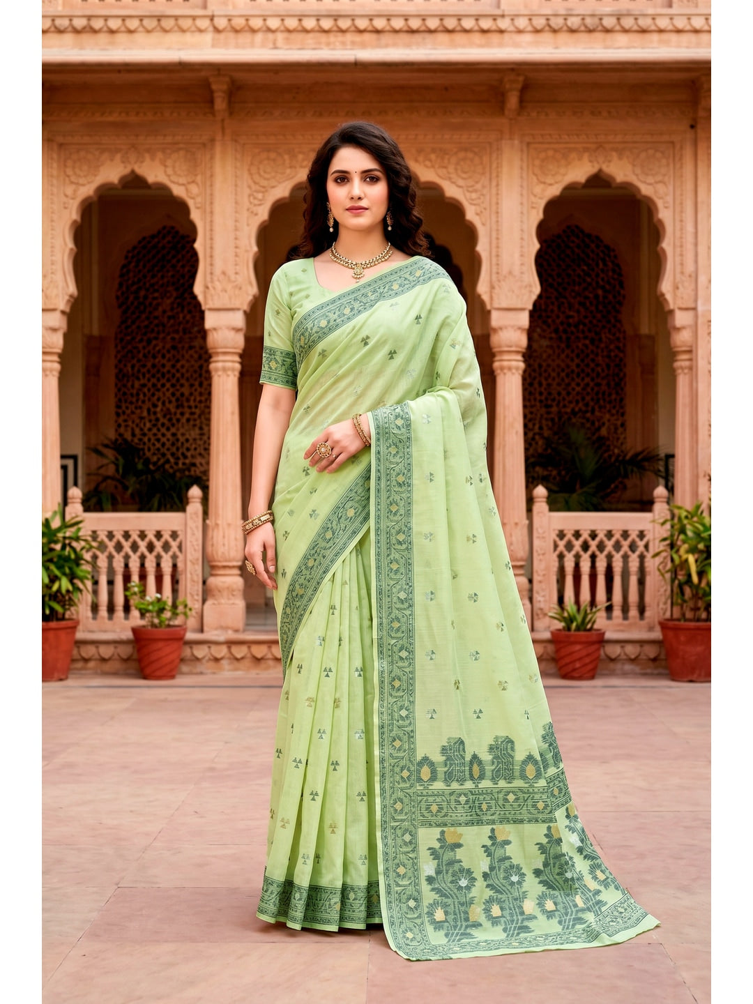 Peachmode Green Cotton Blend Urvi Cotton Saree - Image 1