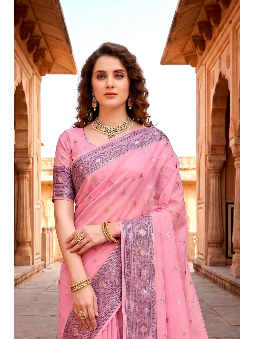 Peachmode Pink Cotton Blend Urvi Cotton Saree - Image 3
