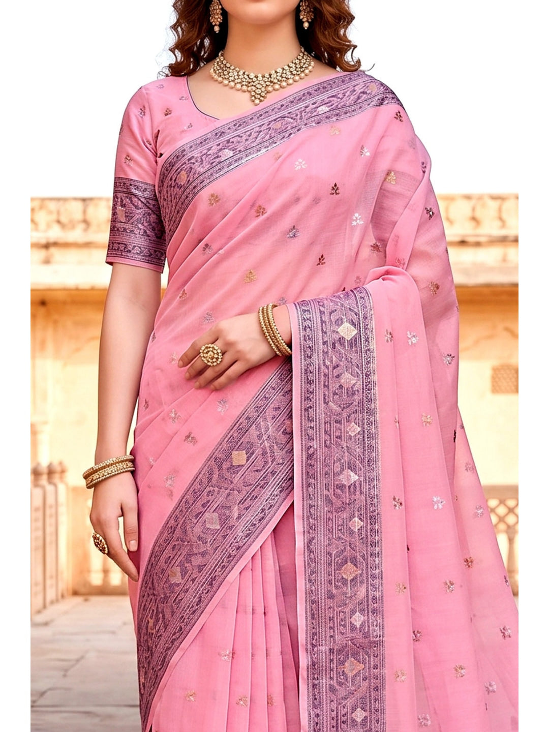 Peachmode Pink Cotton Blend Urvi Cotton Saree - Image 6