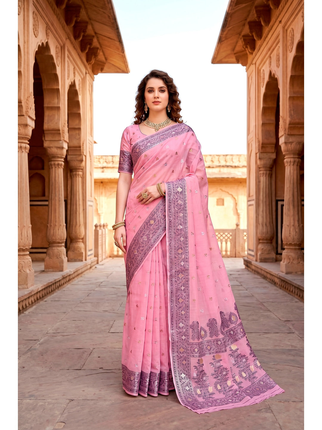 Peachmode Pink Cotton Blend Urvi Cotton Saree - Image 1