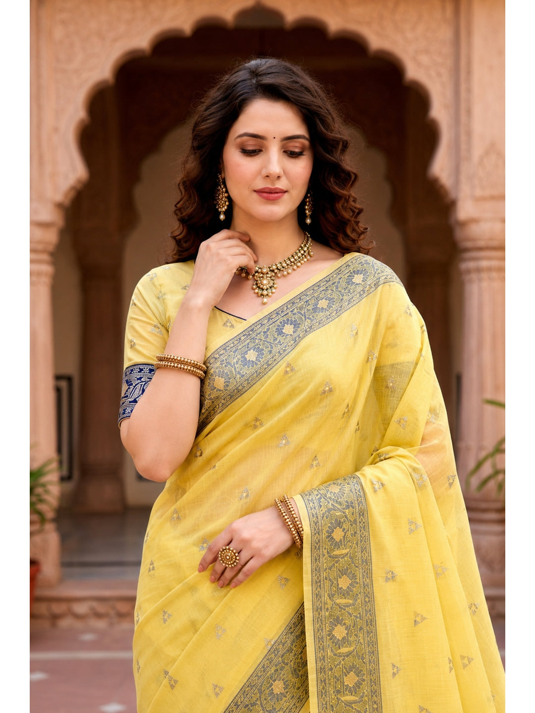 Peachmode Yellow Cotton Blend Urvi Cotton Saree - Image 3