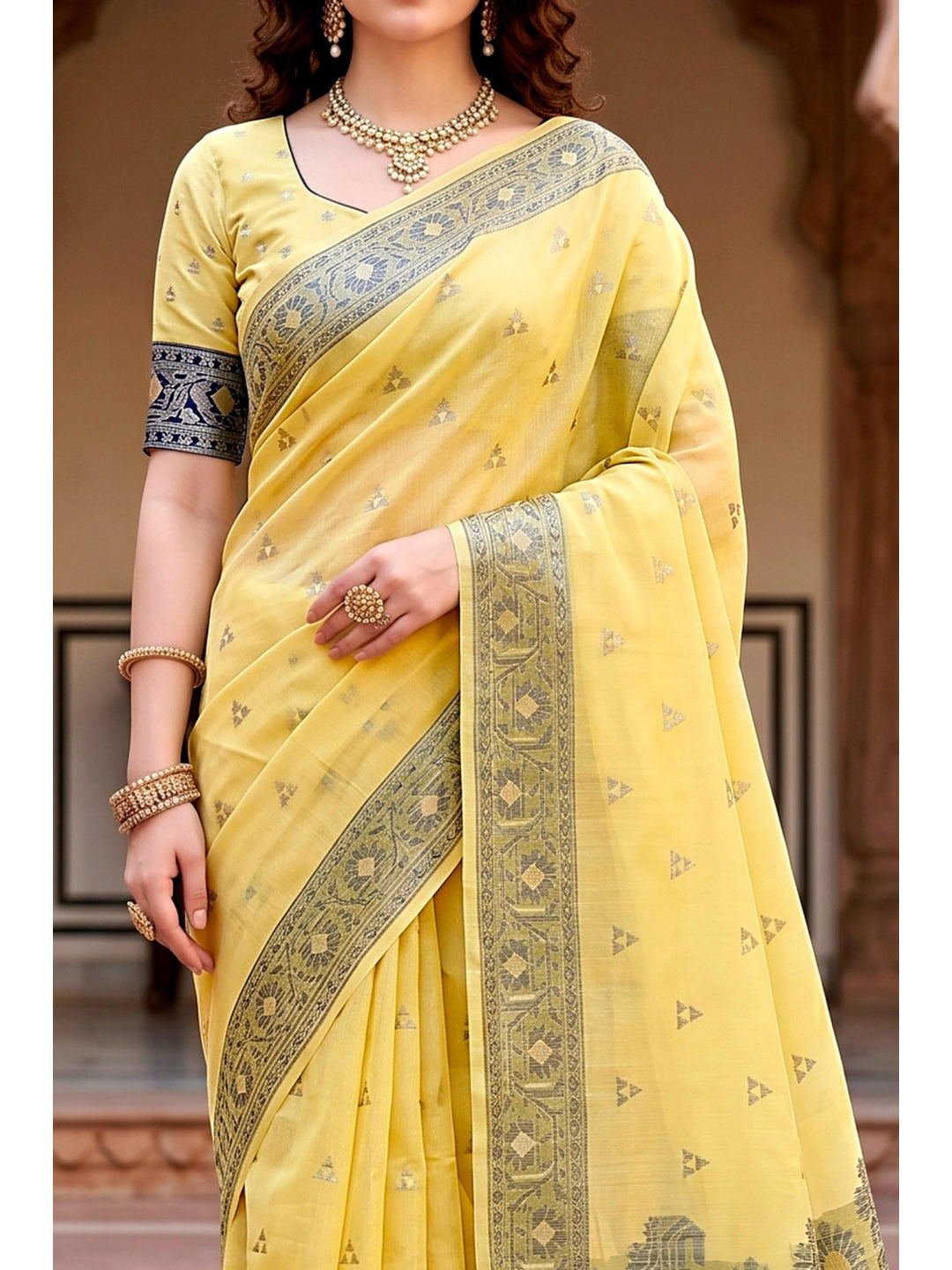 Peachmode Yellow Cotton Blend Urvi Cotton Saree - Image 6