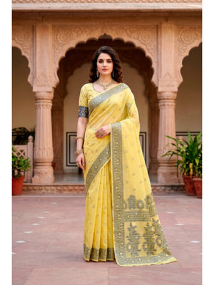 Peachmode Yellow Cotton Blend Urvi Cotton Saree - Image 1