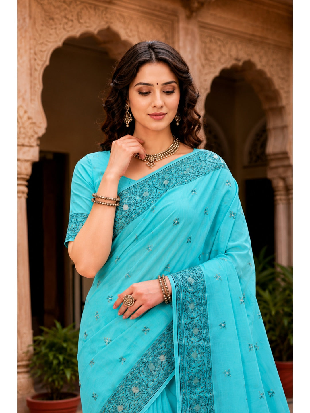 Peachmode Teal Cotton Blend Urvi Cotton Saree - Image 3
