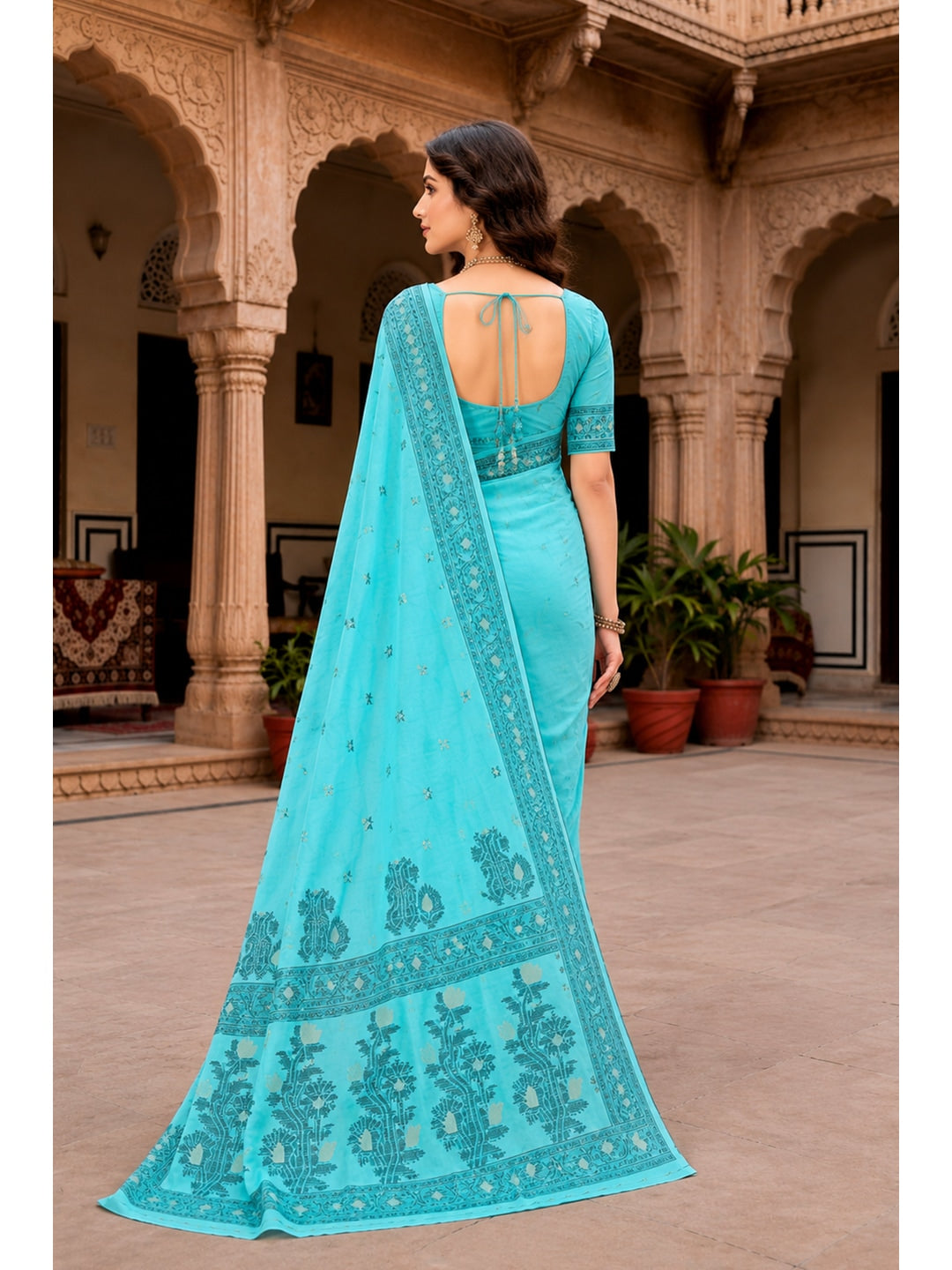 Peachmode Teal Cotton Blend Urvi Cotton Saree - Image 5